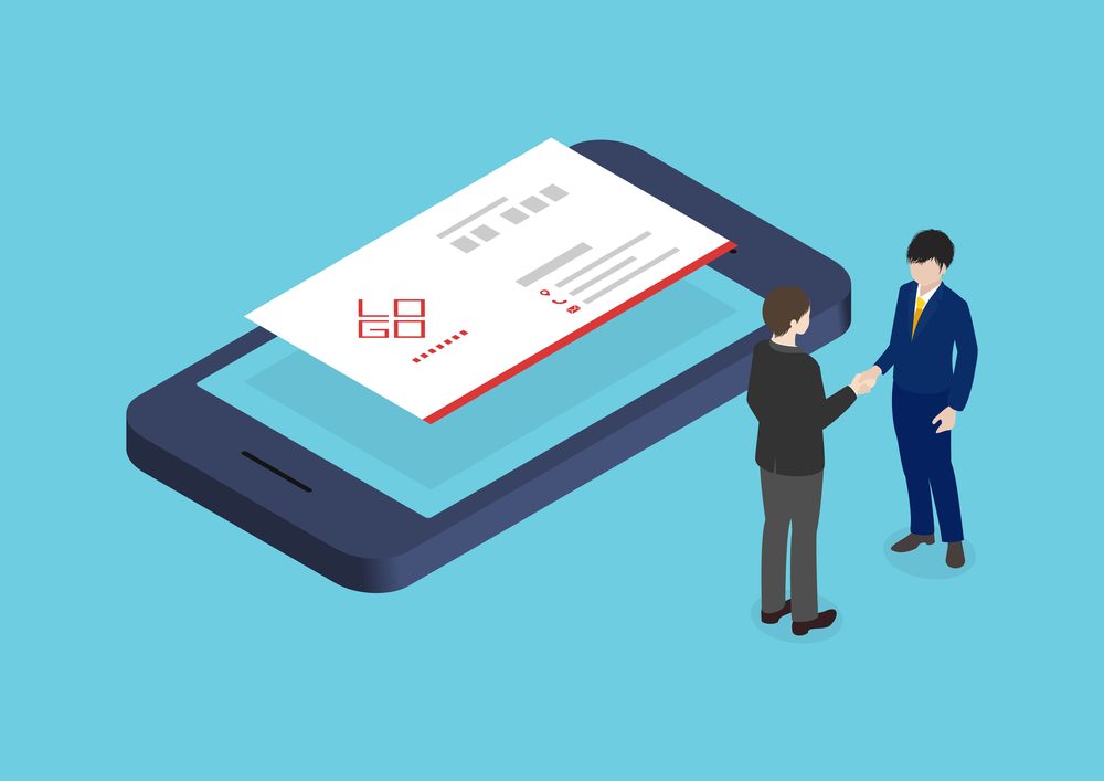 スマートフォンで名刺交換するイラスト