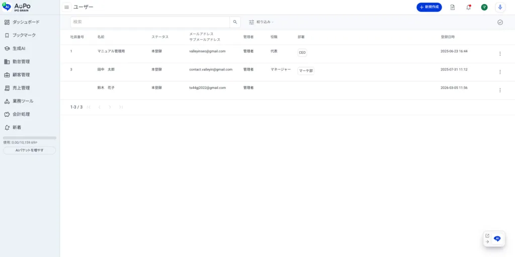 11. 登録したユーザー情報が一覧に表示されていることを確認します